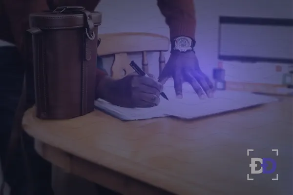 A man writes on a sheet of paper at a wooden table at home, next to a leather case and a stack of books.